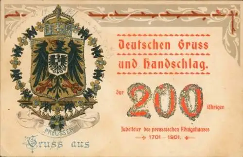 Glitzer Wappen Ak Königshaus Preußen, 200jh Jubelfeier 1901, Handschlag