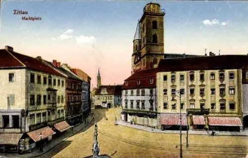 Ak Zittau in der Oberlausitz, Marktplatz mit Geschäften, Turm, Kirche