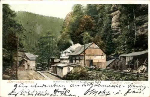 Ak Hřensko Herrnskretschen Elbe Region Aussig, Gasthof zur Mühle, Photochromie