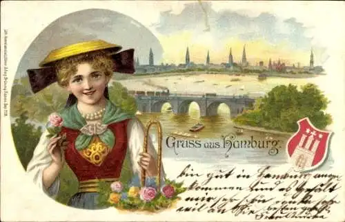 Litho Hamburg Mitte Altstadt, Brücke, Dame in Tracht, Wappen, Glückwunsch Neujahr