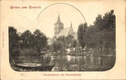 Ak Rostock in Mecklenburg Vorpommern, Fischerbruch mit Nicolaikirche