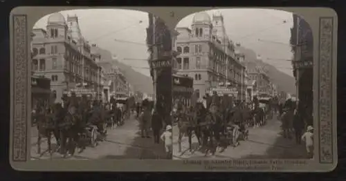 Stereo Foto, Kapstadt, belebte Adderley-Street, Pferdekutschen, Passanten, Tafelberg, um 1910