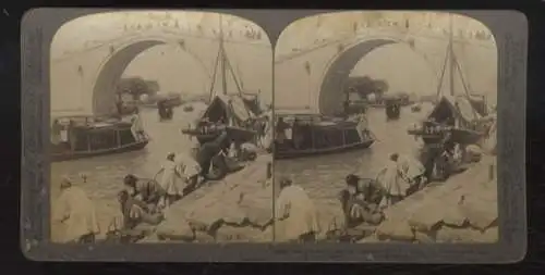 Stereo Foto China, Suo-chow, Wäscherinnen am Fluß, Boote, Brücke