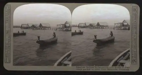 Stereo Foto Venezuela Indios in Holzkanus, auf Pfählen stehende Häuser, Maracaibo-See