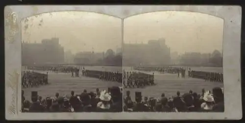 Stereo Foto Militärparade in London, um 1900