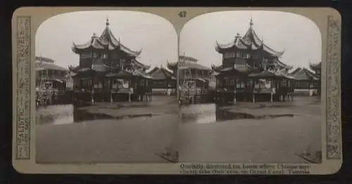 Stereo Foto Tientsin China, landestypische Tee-Häuser am großen Kanal