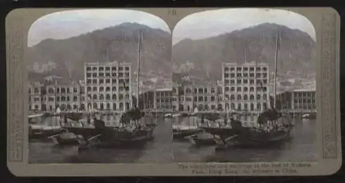 Stereo Foto Hong Kong, Hafen und Häuser Hong Kongs , Blick zu Victoria Peak