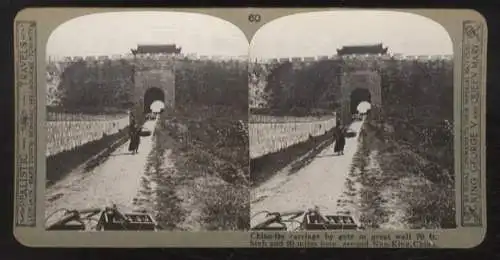 Stereo Foto China, Chinesen an einem Tor der mauer um Nan-King