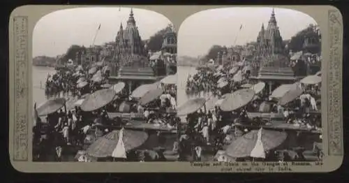 Stereo Foto Indien, Benares-Varanasi Heiligste Stadt Indiens, Tempel u. Gläubige am Ufer des Ganges