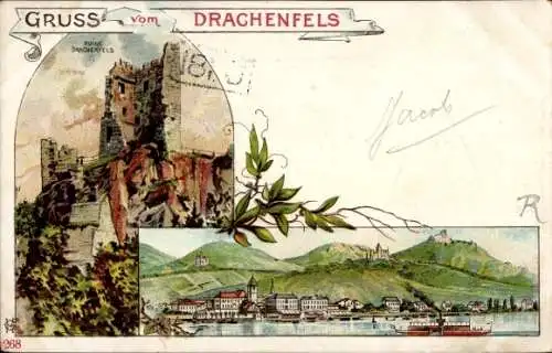 Litho Königswinter am Rhein, Drachenfels, Ruine