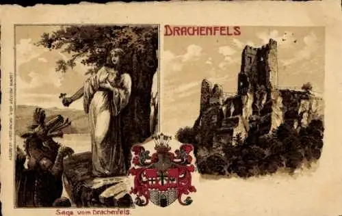 Wappen Künstler Litho Königswinter am Rhein, Drachenfels, Sage