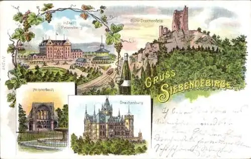 Litho Königswinter am Rhein, Hotel Petersberg, Histerbach, Drachenburg, Ruine Drachenfels, Wein