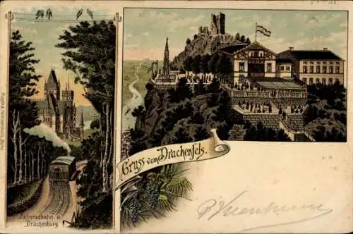 Litho Königswinter am Rhein, Drachenfels, Drachenburg, Zahnradbahn