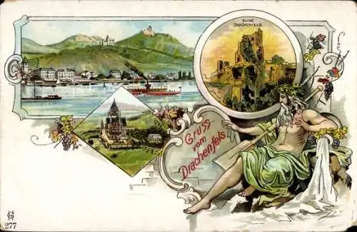 Litho Königswinter am Rhein, Drachenfels, Vater Rhein