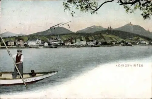 Ak Königswinter Rhein, Gondel Konrad, Flussblick zum Ort hin, Berge, Burgen