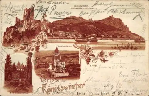 Litho Königswinter am Rhein, Drachenfels, Ruine, Drachenburg