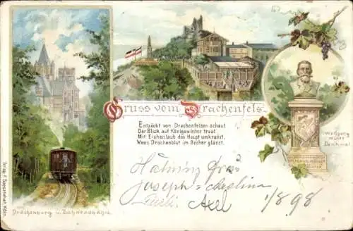 Litho Königswinter am Rhein, Drachenfels, Drachenburg, Zahnradbahn, Wolfgang Müller-Denkmal