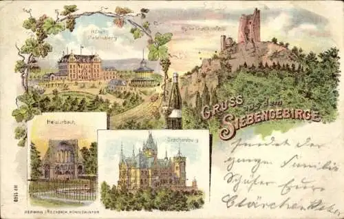 Litho Königswinter am Rhein, Hotel Petersberg, Histerbach, Drachenburg, Ruine Drachenfels, Wein