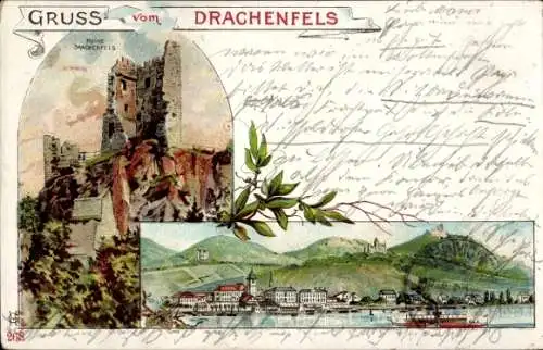 Litho Königswinter am Rhein, Drachenfels, Drachenburg, Ruine