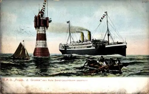 Ak Dampfer Friedrich der Große, Norddeutscher Lloyd Bremen, NDL, Rote-Sand-Leuchtturm