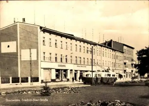 Ak Eberswalde in Brandenburg, Friedrich-Ebert-Straße, Konsum, Oberleitungsbus