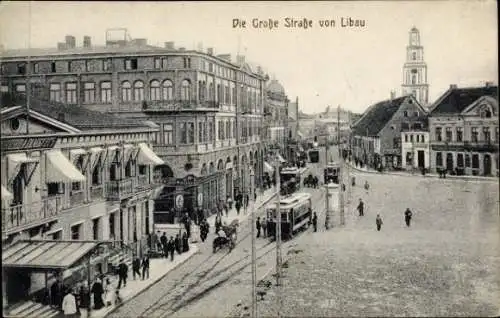 Ak Liepaja Libau Lettland, Die Große Straße, Straßenbahn