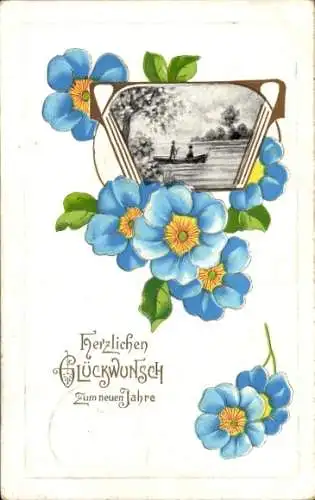 Präge Ak Glückwunsch Neujahr, Blaue Blumen, Ruderboot