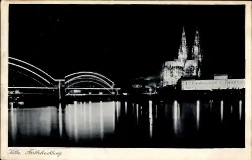 Ak Köln am Rhein, Dom, Brücke, Nachtbeleuchtung