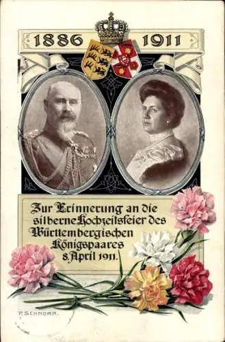 Künstler Ak Schnorr, König Wilhelm II v. Württemberg, Königin Charlotte, Silberhochzeit 1911, Wappen