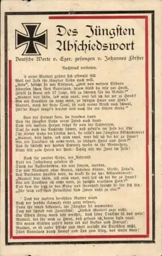 Lied Ak Des Jüngsten Abschiedswort, Eger, Johannes Förster, Eisernes Kreuz