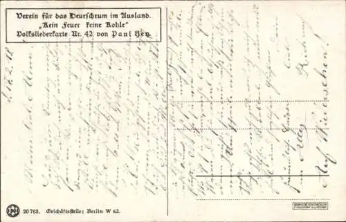 Künstler Ak Hey, Paul, Kein Feuer, Keine Kohle kann brennen so heiß, Volksliederkarte Nr. 42