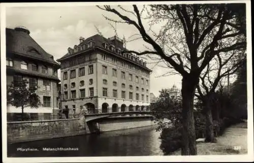 Ak Pforzheim im Schwarzwald, Melanchthonhaus, Brücke