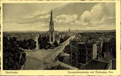 Ak Karlsruhe in Baden, Bernharduskirche mit Durlacher Tor