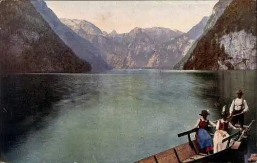 Ak Königsee Königssee Oberbayern, Blick vom Malerwinkel aus, Boot, Trachten