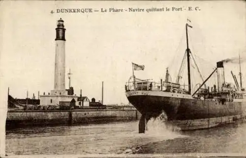 Ak Dunkerque Dünkirchen Nord, Der Leuchtturm, Schiff verlässt den Hafen