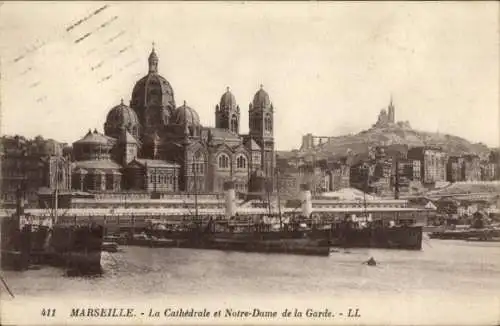 Ak Marseille Bouches du Rhône, die Kathedrale und Notre-Dame de la Garde