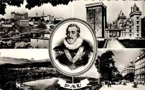 Ak Pau Pyrénées-Atlantiques, Chateau et Gave, Portrait Henri IV, Place Royale, Boulevard des Pyrenee