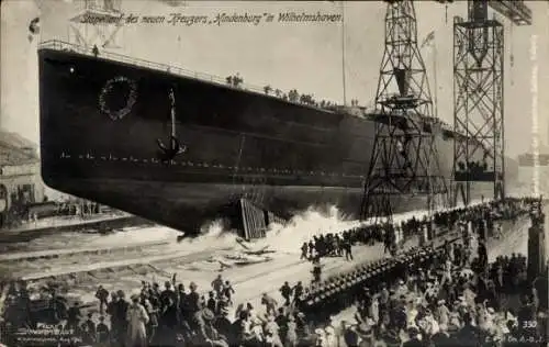 Künstler Ak Schwormstädt, Wilhelmshaven, Stapellauf des Kreuzers SMS Hindenburg, Kaiserliche Marine