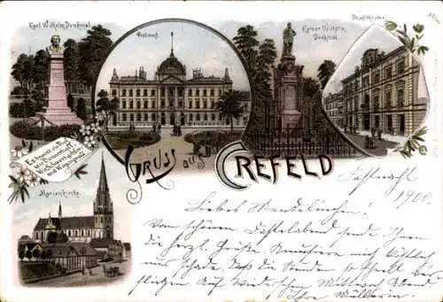 Litho Krefeld am Niederrhein, Postamt, Kaiser Wilhelm Denkmal, Stadttheater, Marienkirche