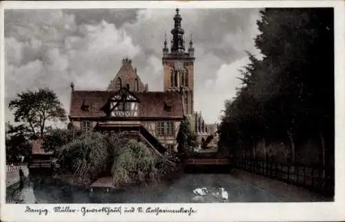 Ak Gdańsk Danzig, Müllergewerkshaus und Katharinenkirche