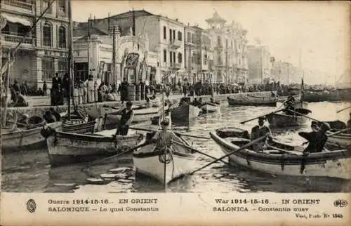 Ak Thessaloniki Griechenland, Quai Constantin, Hafenpartie, Ruderboote, Häuser, I. WK