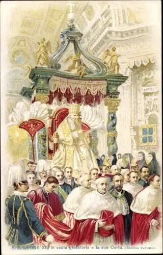 Litho Papst Leo XIII, in sedia gestatoria e la sua Corte