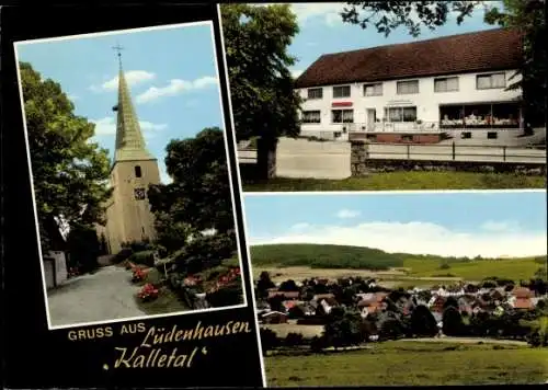 Ak Lüdenhausen Kalletal in Lippe, Gesamtansicht, Kirche, Geschäft