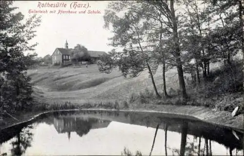 Ak Rothesütte Ellrich Thüringen, Hellerteich mit Pfarrhaus und Schule, Uferpartie