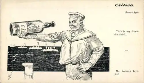 Künstler Ak Seemann mit deutschen Kriegsschiffen in einer Flasche