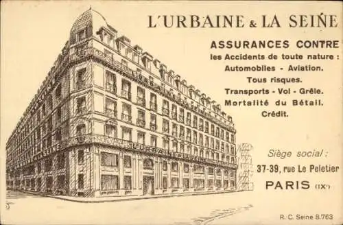 Ak Paris IX, L'Urbaine et La Seine, Assurances, Rue Le Peletier