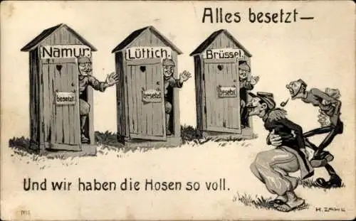 Künstler Ak Zahl, H., Deutsche Soldaten, Toiletten, Namur, Lüttich, Brüssel, Alle besetzt