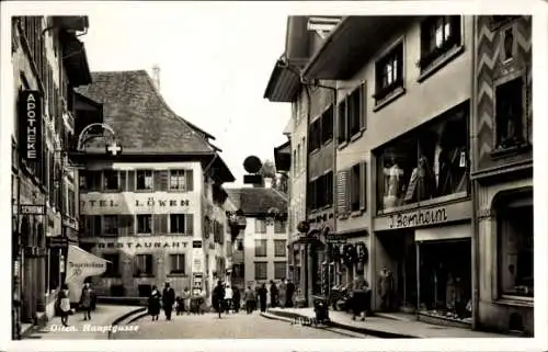 Ak Olten Kanton Solothurn, Hauptgasse, Hotel Löwen, Geschäfte, Apotheke