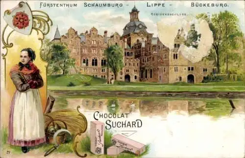 Litho Bückeburg im Kreis Schaumburg, Residenzschloss, Tracht, Reklame, Chocolat Suchard