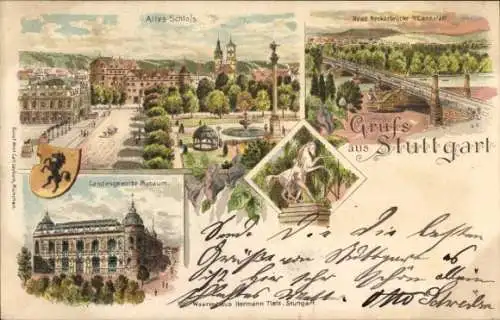 Litho Stuttgart in Baden Württemberg, Neckarbrücke, Schloss, Landesgewerbe-Museum